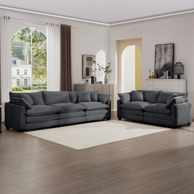 Ensemble de canapé chaleureux et confortable avec coussins et coussins moelleux, tissu en velours côtelé, Velours côtelé gris