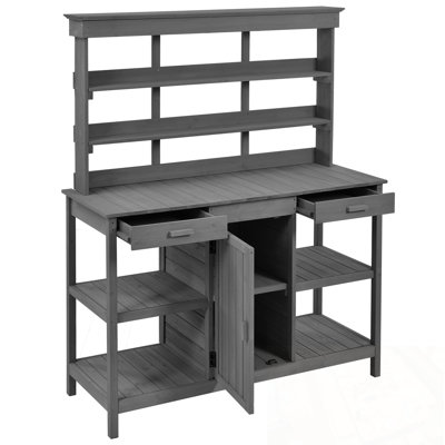 Outdoor Wooden Potting Bench Table with 2 Drawers, Cabinet and Open Shelves