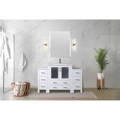 Meuble-lavabo simple blanc 54 po L, P 18,25, fonction de tiroir à fermeture en douceur, plateau en céramique avec finition large pour la salle de bain, armoires latérales, miroir 28 po, fabrication à base de bois
