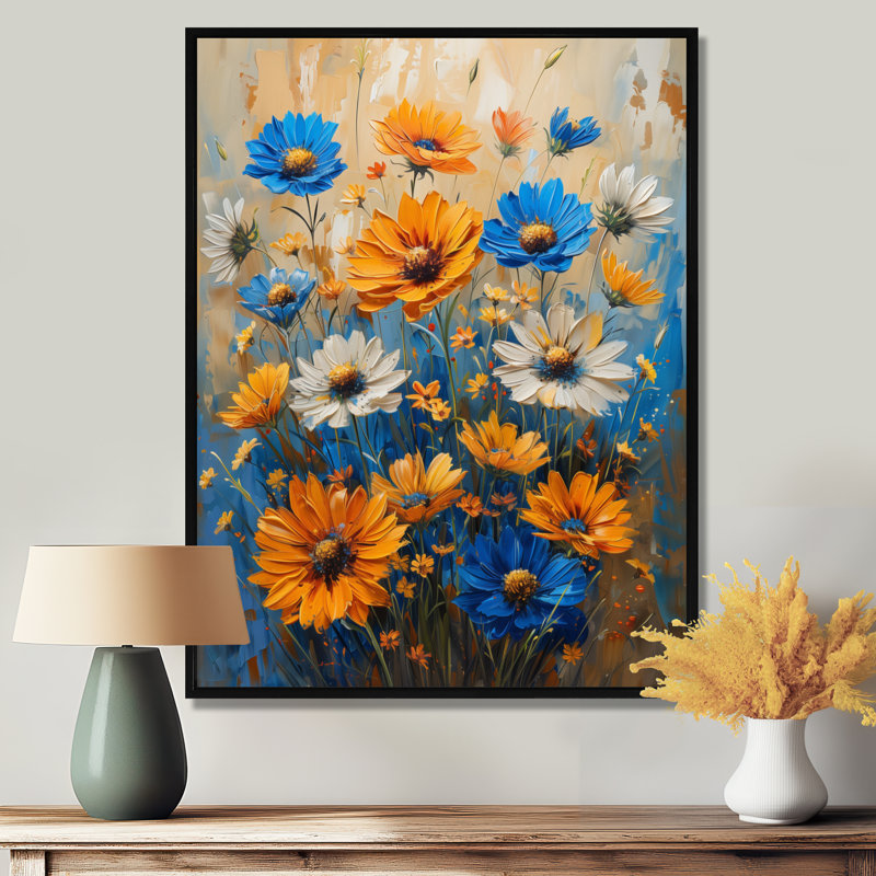 Fleurs jaunes et bleues rayonnantes dans une ferme II, Toile avec cadre flottant noir, H 32 po x l 16 po x P 1 po