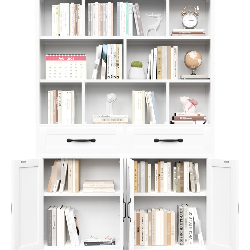 Bibliothèque blanche en métal avec tablettes ouvertes, 2 tiroirs et portes pour le bureau à domicile ou le bureau, Stable Stylish