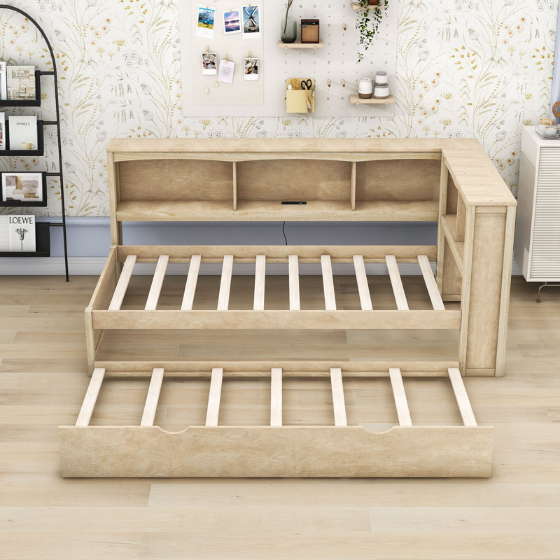 Lit de jour en bois Dowelltown avec lit gigogne, armoires et ports USB, Bois