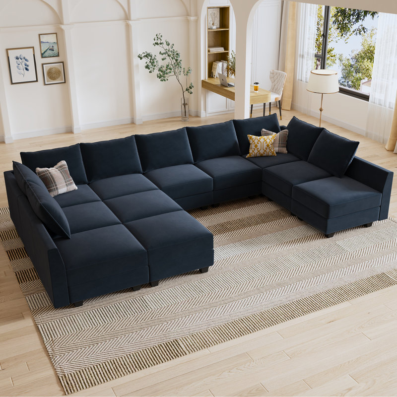 Kandle Velvet Upholstered Chaise Sectional, Blue Velvet