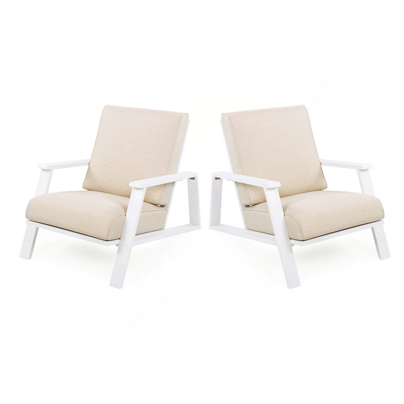 Ensemble de 2 chaises longues pour patio, fauteuil club d'extérieur avec coussin beige et structure en bois d'acacia blanc