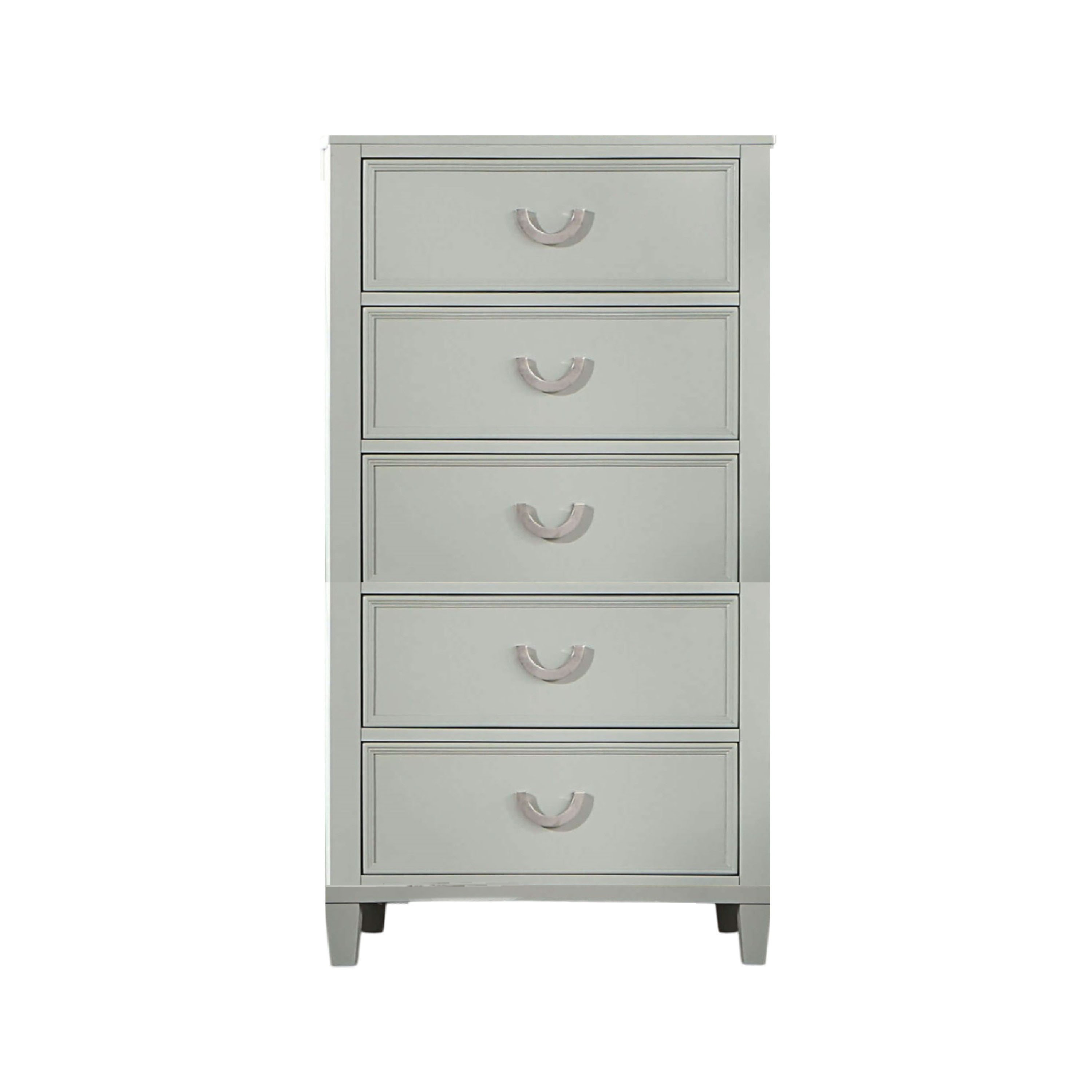 Roly Tall Dresser Chest, 5 Drawers, Chrome Hanging Handles, Gray Wood Roly Tall Dresser Chest, 5 Drawers, Chrome Hanging Handles, Gray Wood