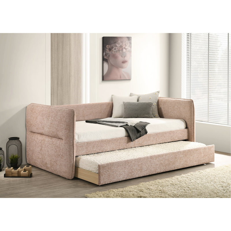 Lit de jour mauve moderne, 1 pièce avec lit gigogne escamotable intégré, conception à boutons, bois massif pour la chambre à coucher et le salon, garniture cloutée sans matelas, zones, ensemble