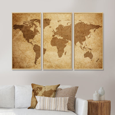Ancienne carte du monde V - reproduction de cadre flottant 3 pièces sur toile