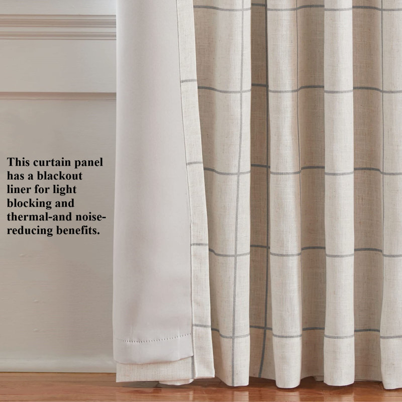Gray Linen-Blend Blackout Windowpane Plaid Drape Panel