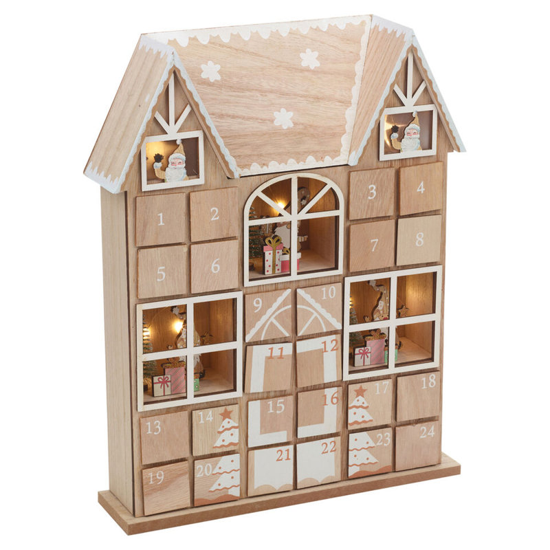 Wooden House Advent Calendar Christmas Xmas Santa LED Lights 24 Drawer Countdown, Red/White