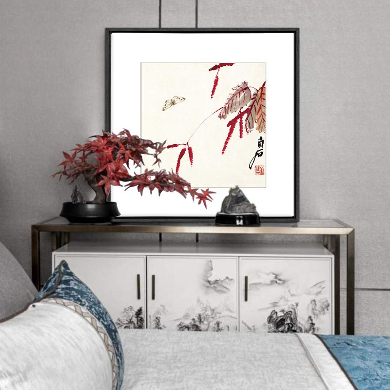 Encre de Chine, papillon monarque et feuille rouge, reproduction sur toile, H 16 po x l 16 po