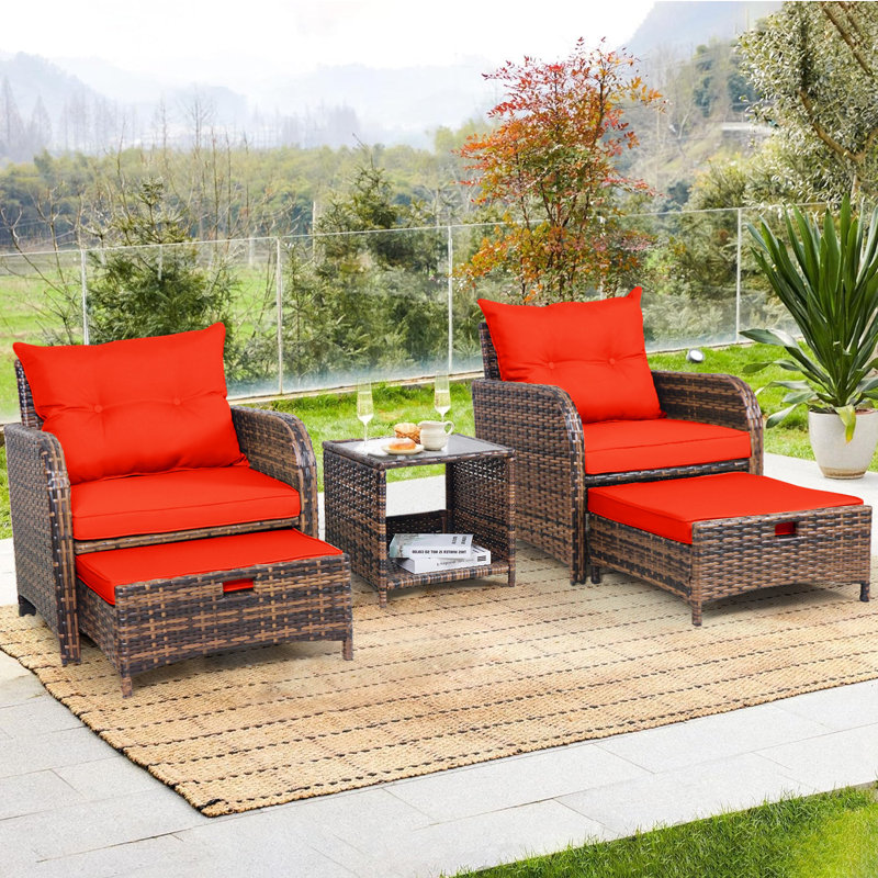 Constantino 2-Person Outdoor All-Weather Wicker Conversation Set with Ottomans and Tempered Glass Coffee Table