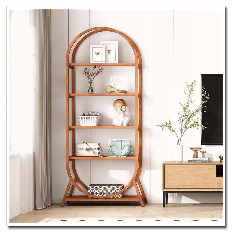 70.8" 5-Tier Modern Brown Arched Open Bookshelf For Office, Bedroom, Living Room