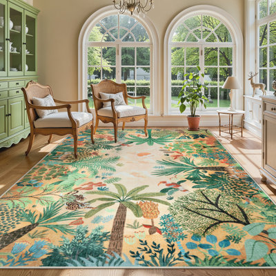 Grand tapis forêt de 9 x 12 po pour le salon, tapis beiges lavables doux pour la chambre à coucher, tapis antidérapant ultra-fin à motif animal de la jungle pour salle à manger