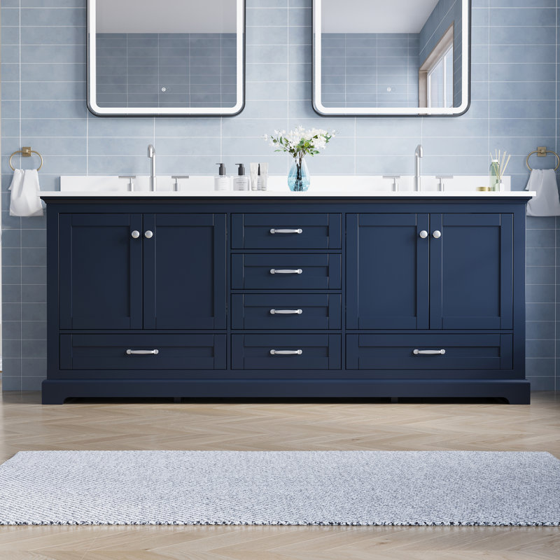 Meuble-lavabo de salle de bain en bois massif de 203 cm (L) x 87 cm (H) avec comptoir en marbre reconstitué blanc pur et double lavabo, bleu marine