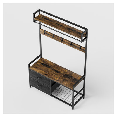 Arbre d'entrée de 33,1 po de largeur avec banc de rangement pour chaussures, rangement d'entrée 5 en 1 avec 23 crochets, tiroirs mobiles et supports à vêtements - brun rustique