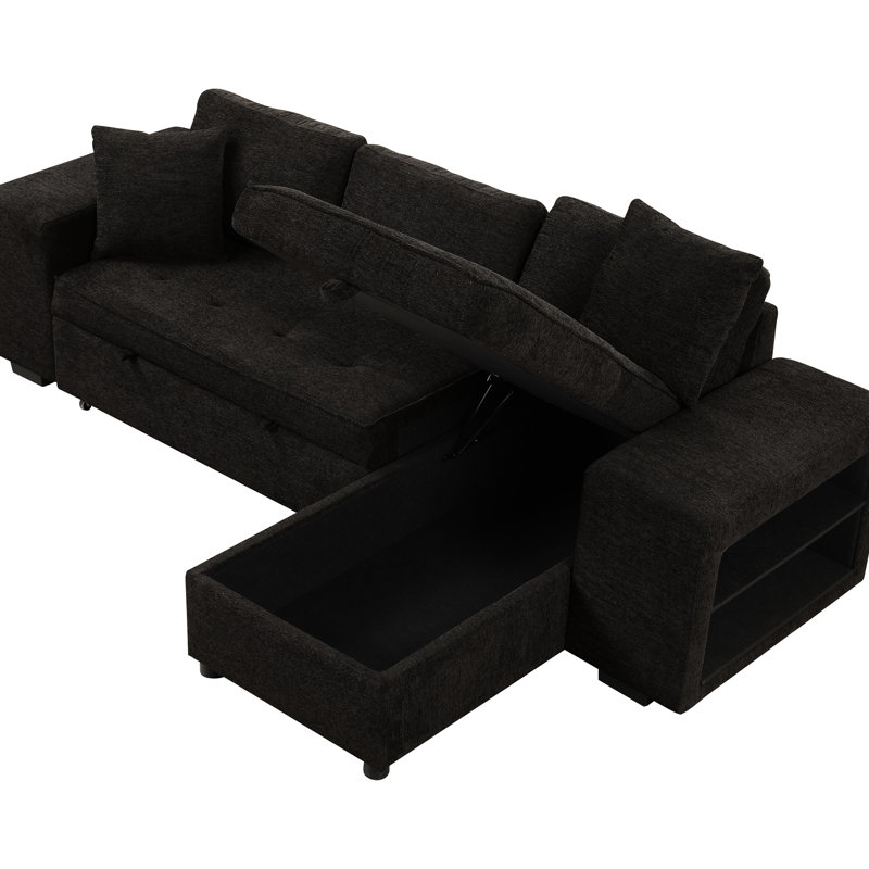 104.5" Sectional With Storage Chaise, Sleeper, 2 Stools, Charcoal Grey Comfort L-Shape Sleeper Function And Storage, Stools