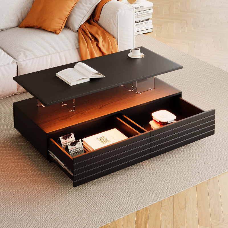 Table basse moderne à 2 tiroirs avec lumières DEL modernes, Noir