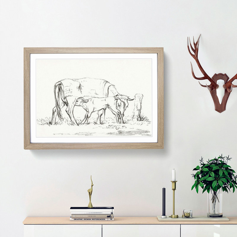 Cow with Calf by Jean Bernard - Picture Frame Painting Print, 27cm H x 36cm W x 2cm D, Oak Framed