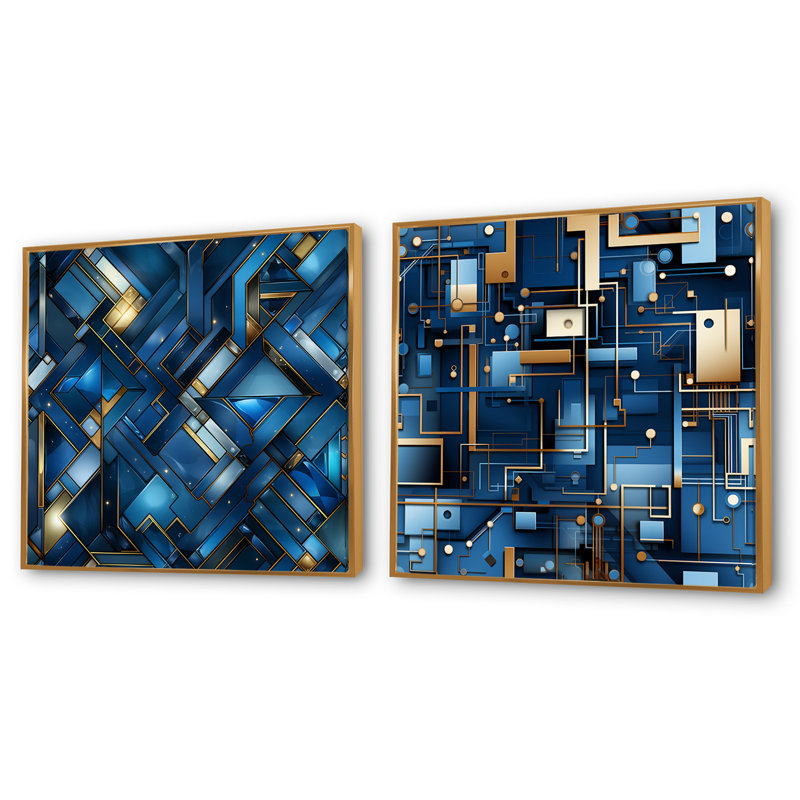Corvetta - Ensemble de 2 collages carrés à formes abstraites, H 16 po x l 33 po, Cadre flottant doré