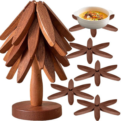 Tree Shaped Solid Wood Trivet Set with Storage Holder Heat Resistant Wooden Pot Coasters