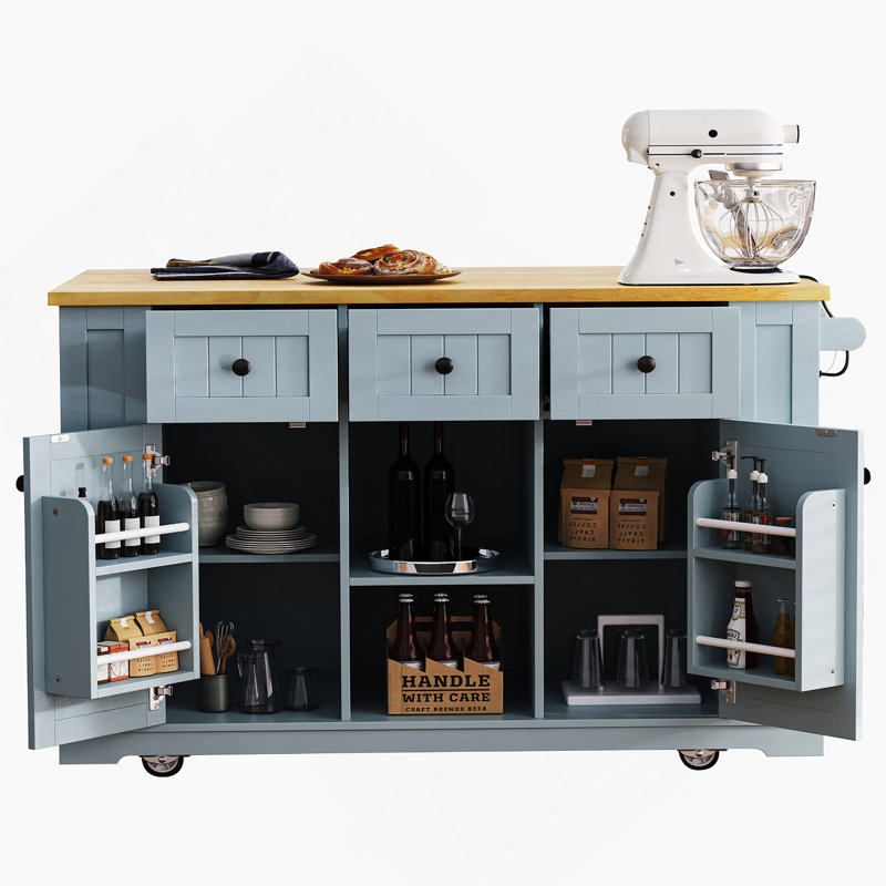 Grand îlot de cuisine de 53 pouces avec abattant, prise de courant, support de rangement interne pour porte, chariot de cuisine roulant sur 5 roues avec 5 supports latéraux ouverts pour la cuisine, gris-bleu (deux paquets) (tabourets non inclus)