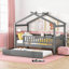 Lit plateforme simple en forme de maison avec lit gigogne coulissant, fabrication en bois massif au fini gris neutre