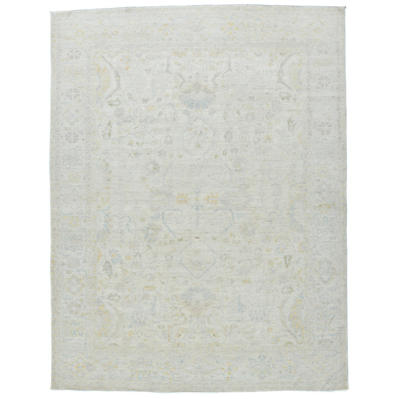 Tapis oriental Oushak de style transitionnel beige discret 9 x 12 de conception unique