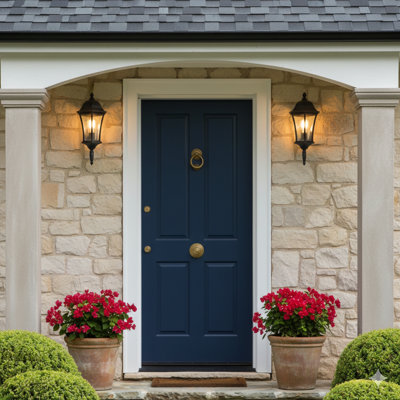A Set Of Two Vintage-Inspired Outdoor Lantern-Style Lights In Black Metal, Designed For Wall Mounting On Porches, Patios, And In Garden Areas (Light Bulbs Not Included).