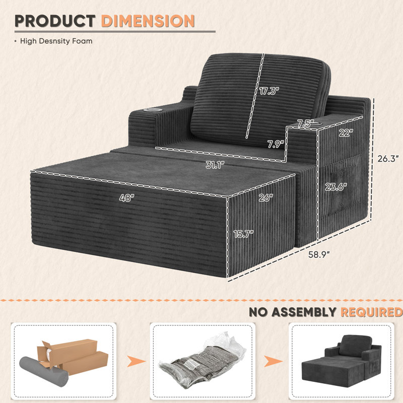 Corduroy Soft Cushion Compression Sofa Bed, Deep-Seated Sleeper Couch Sofa Reading Chair, Living Room Cloud Sofa, No Assembly Required