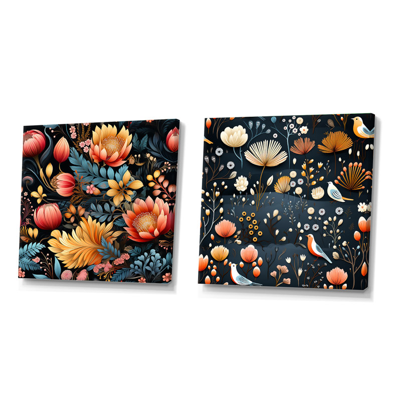 Iban - Ensemble de 2 collages carrés botaniques abstraits, H 16 po x l 33 po, Toile tendue
