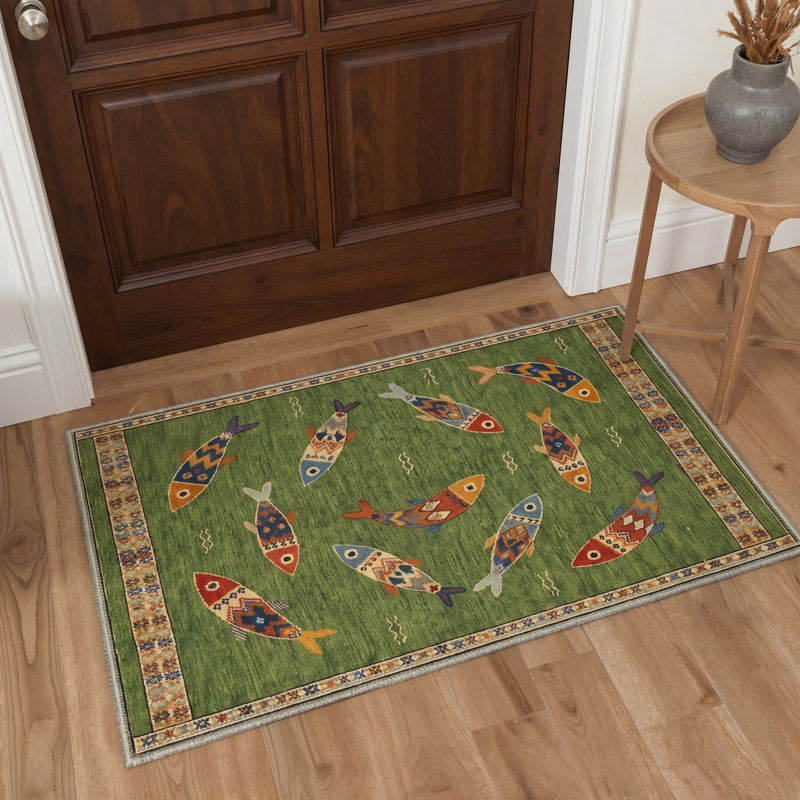 Tapis d'intérieur multicolore fantaisiste à motif géométrique de poissons multicolores, Rectangle 6 pi x 9 pi