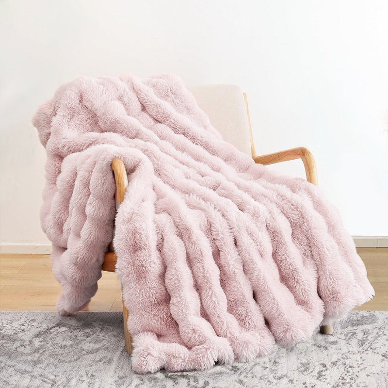 Haalan Cozy Faux Rabbit Fur Soft Reversible Throw Blanket, Twin, Flesh Pink