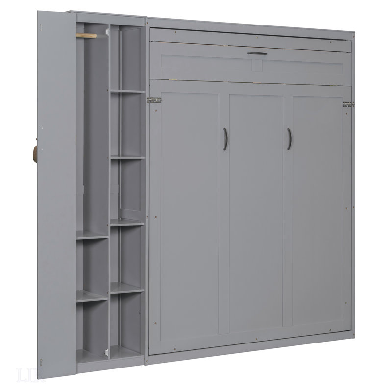 Queen Size Murphy Bed With Shelves, Wardrobe, And LED Lights For Space-Saving And Multi-Functionality, Gray, Queen