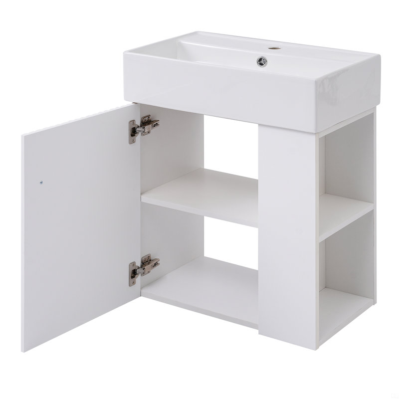 Meuble-lavabo flottant avec lavabo en céramique, Blanc, Doré