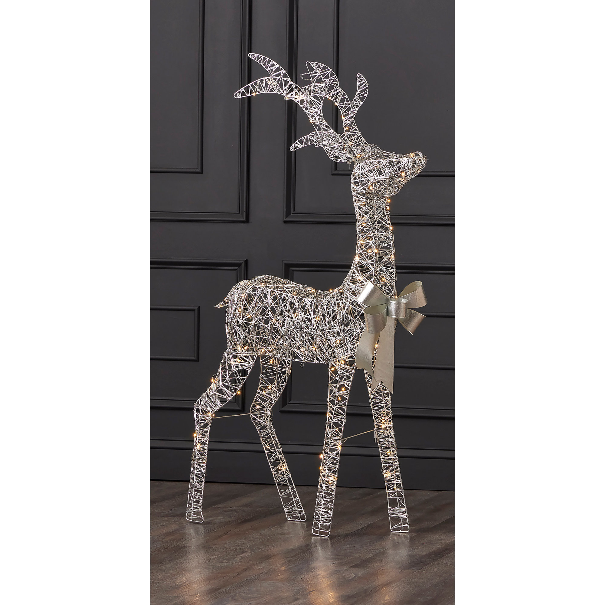 Metallic Silver Reindeer, Pre-Lit with 120 Micro Warm White LED Lights, Plug In, 36"H x 6"W x 20"D