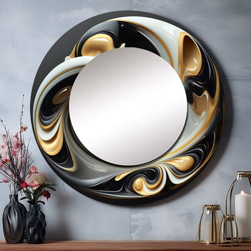 Miroir décoratif avec spirales abstraites, miroir mural rond doré, art mural imprimé doré, pertina, 23 po x 23 po