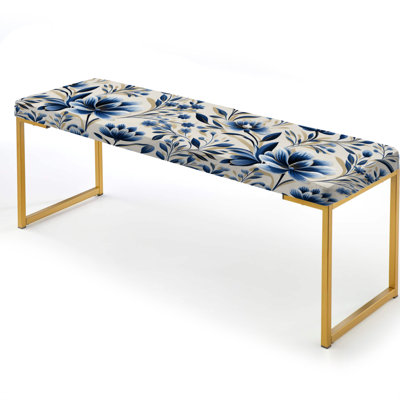 Blue And White Damask Flower I - Floral Upholstered Gold Bench