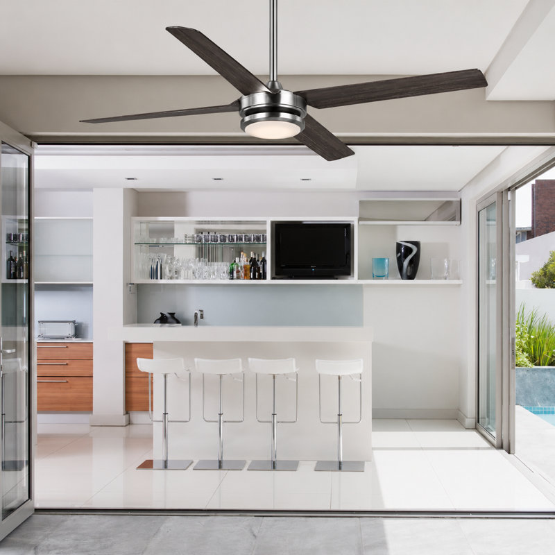 Burslem 56'' Indoor / Outdoor Ceiling Fan with Light and Remote, Color Changing LED, 6-Speed, 4-Blade, Quiet DC Motor – Brushed Nickel with Dark Driftwood Blades