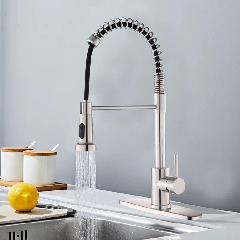 Kitchen Faucet With Pull Down Sprayer Industrial 1 Handle 1 Hole Or 3 Hole Faucet For Farmhouse Camper Laundry Utility Rv Wet Bar Sinks, Stainless Steel, Brushed Nickel