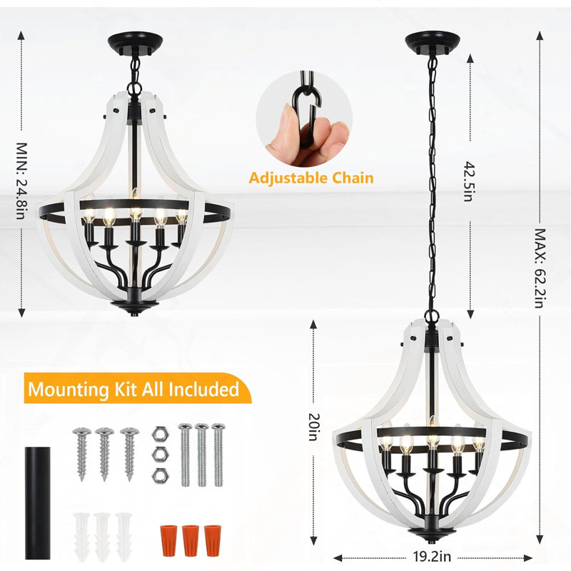 Lustre blanc 5 lumières S, Blanc, H 62,6 po x l 19,2 po x P 19,2 po