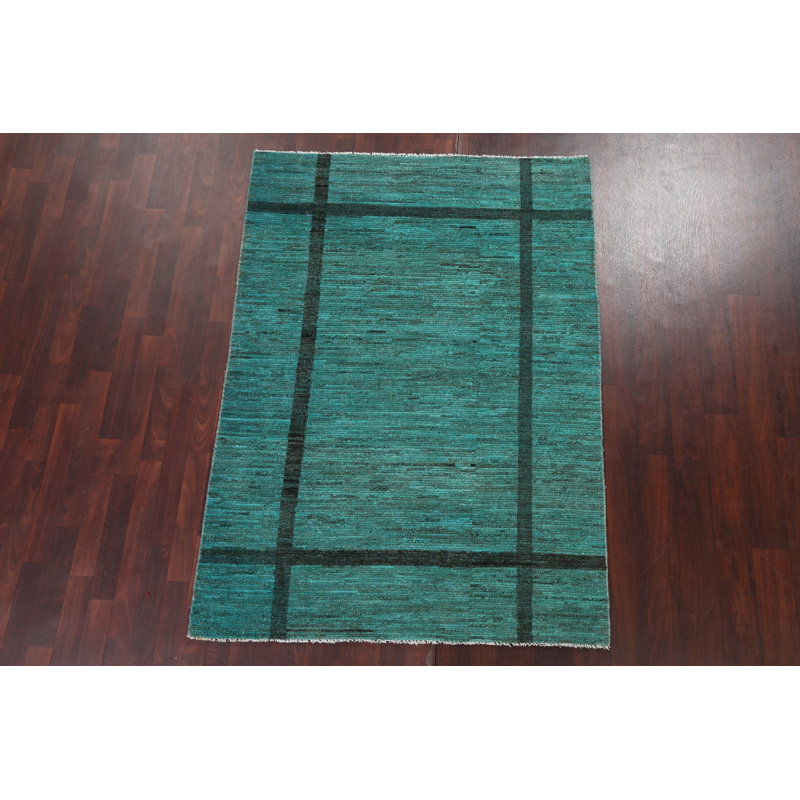 Tapis unique en laine vert Gabbeh Kashkoli noué à la main 4 pi 8 po x 6 pi 6 po