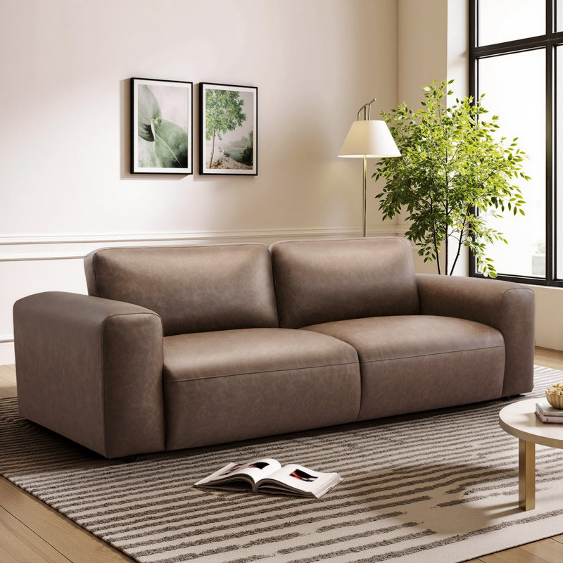 Benthe 95'' Modern Square Arm Leather Fatty Sofa Brown Down, Wolf Gray Performance Faux Leather