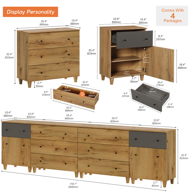 4-In-1 Dresser Chests With 8 Drawers And 2 Shelves For Bedroom, Oak Brown