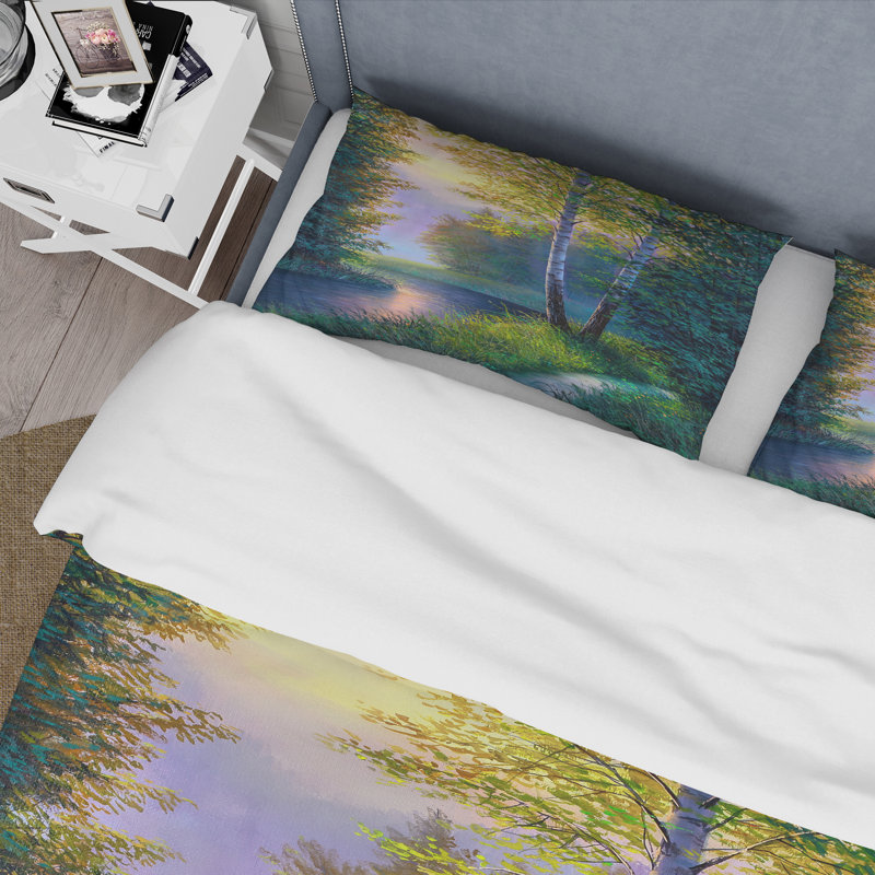 Ensemble de housse de couette Morning Sunlight Through The Birch Forest - Lake House - Microfibre de polyester