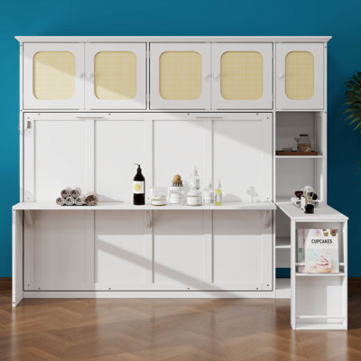 Wood Murphy Bed with Desk and Rattan Cabinets, Space-Saving Wall Bed for Home Office