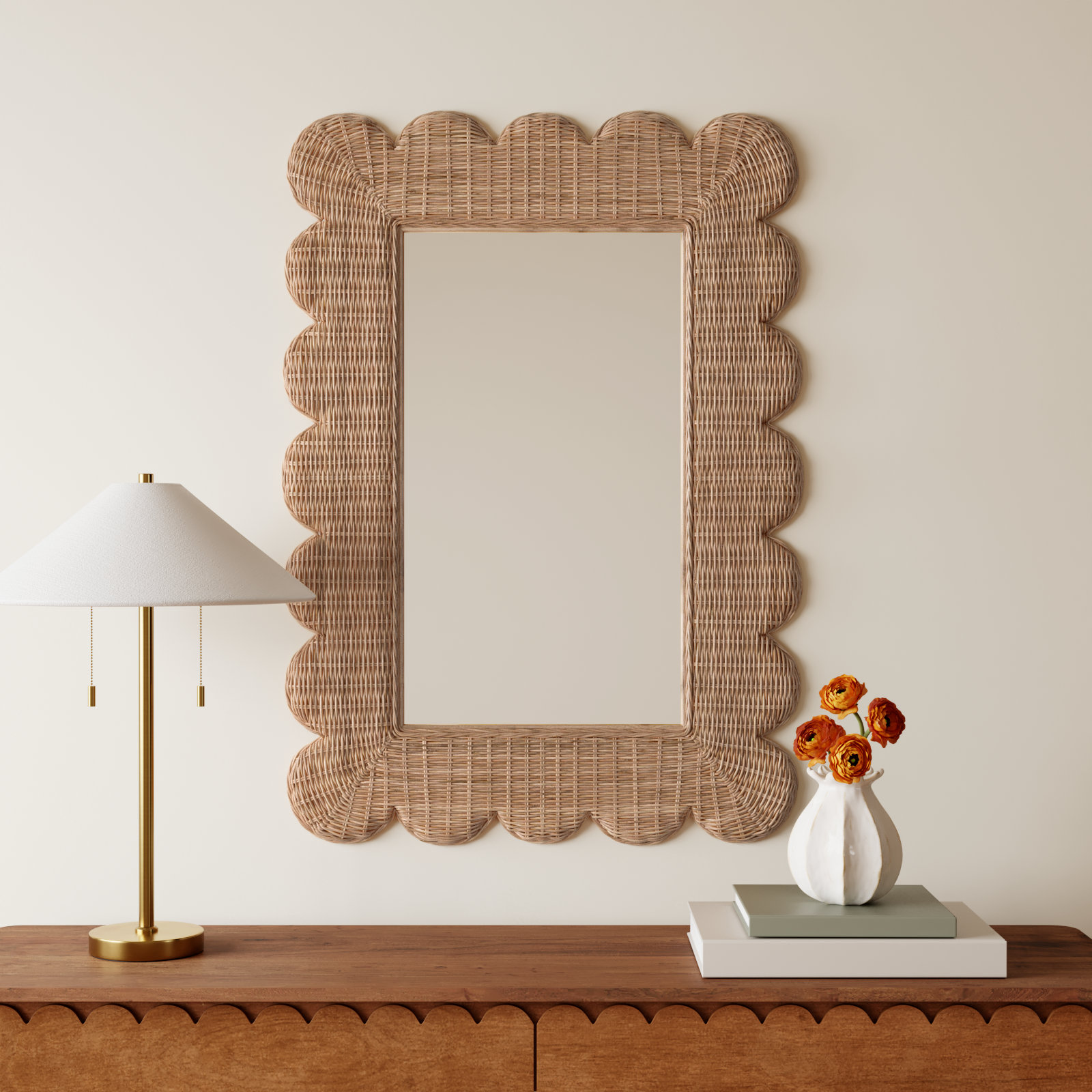 Rattan Scalloped Mirror
