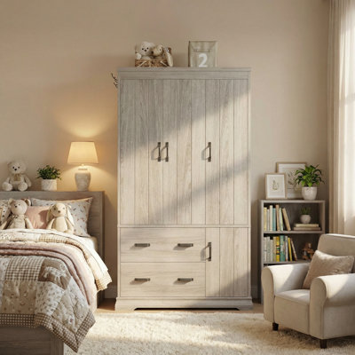 70" Tall 4-door Wooden Wardrobe Closet With 2 Drawers & 3 Shelves, Freestanding Bedroom Armoire With Hanging Rod, Storage Cabinet For Clothes by Ebern Designs