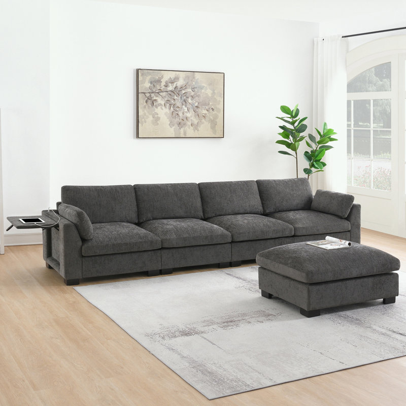 Canapé modulaire en L avec table pliante et port double, Chenille gris anthracite