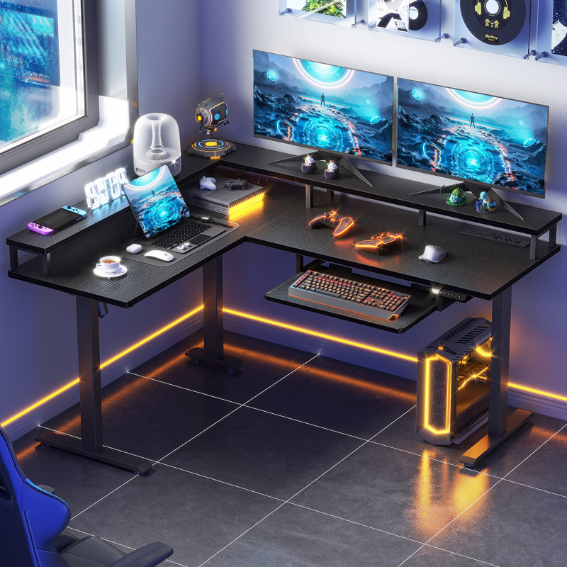 Adjustable L-Shaped Metal Base Standing Desk with Power Outlet, Black