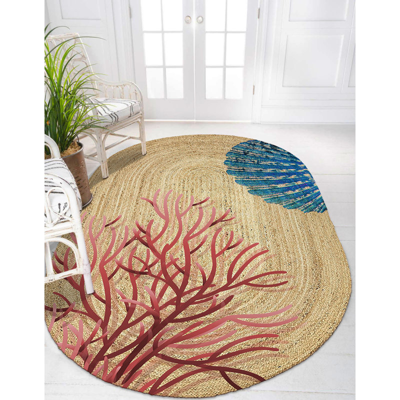 Tapis ovale beige en jute tissé à la machine, Ovale 3 pi 11 po x 5 pi 11 po